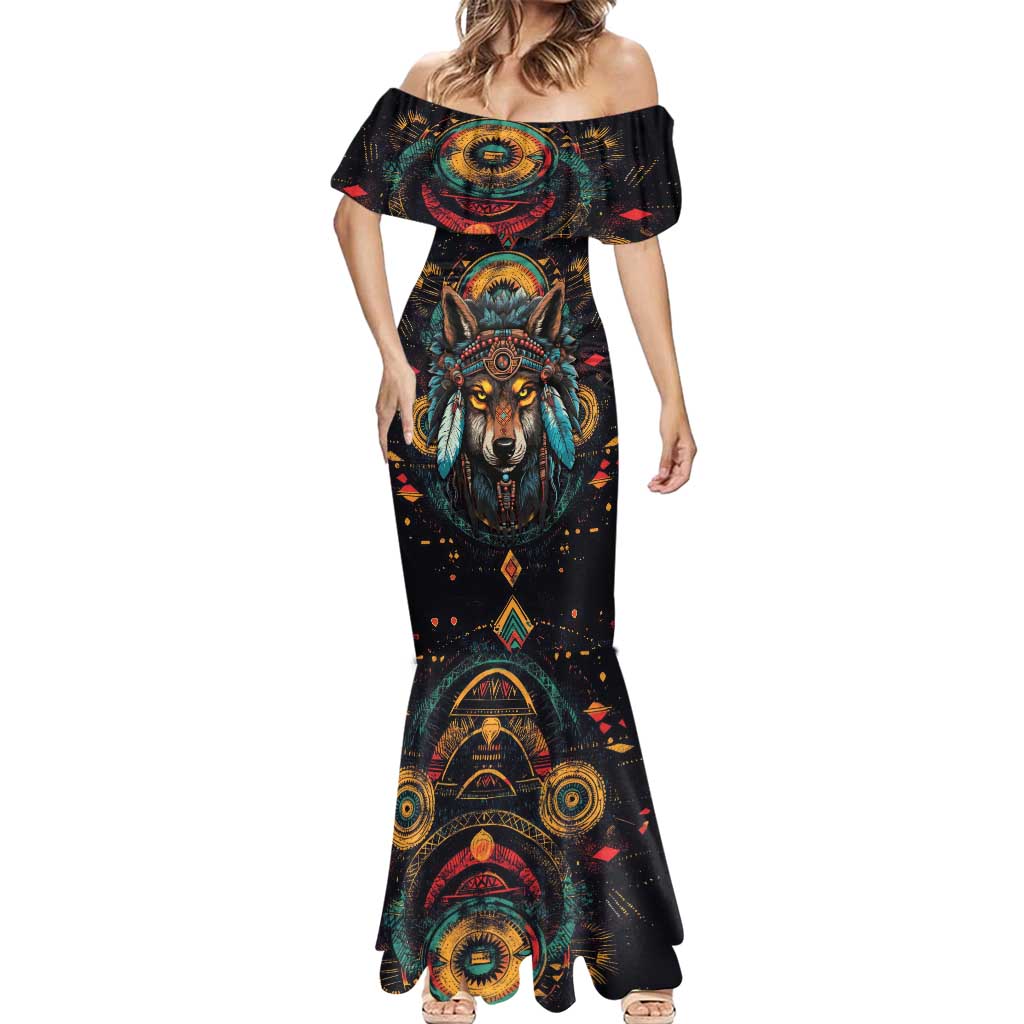 Native American Wolf Mermaid Dress Abstract Geometric Style