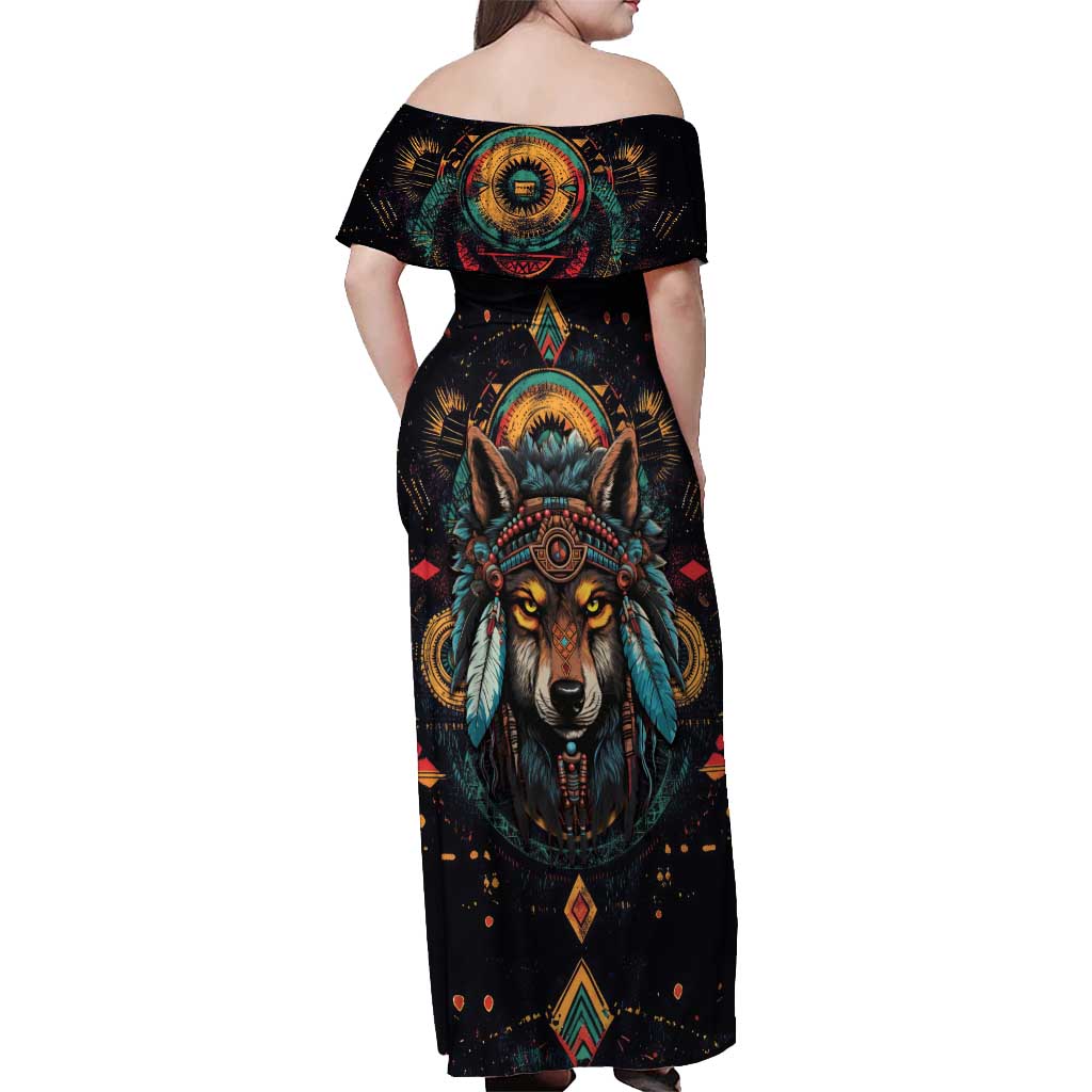 Native American Wolf Off Shoulder Maxi Dress Abstract Geometric Style