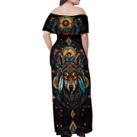 Native American Wolf Off Shoulder Maxi Dress Abstract Geometric Style