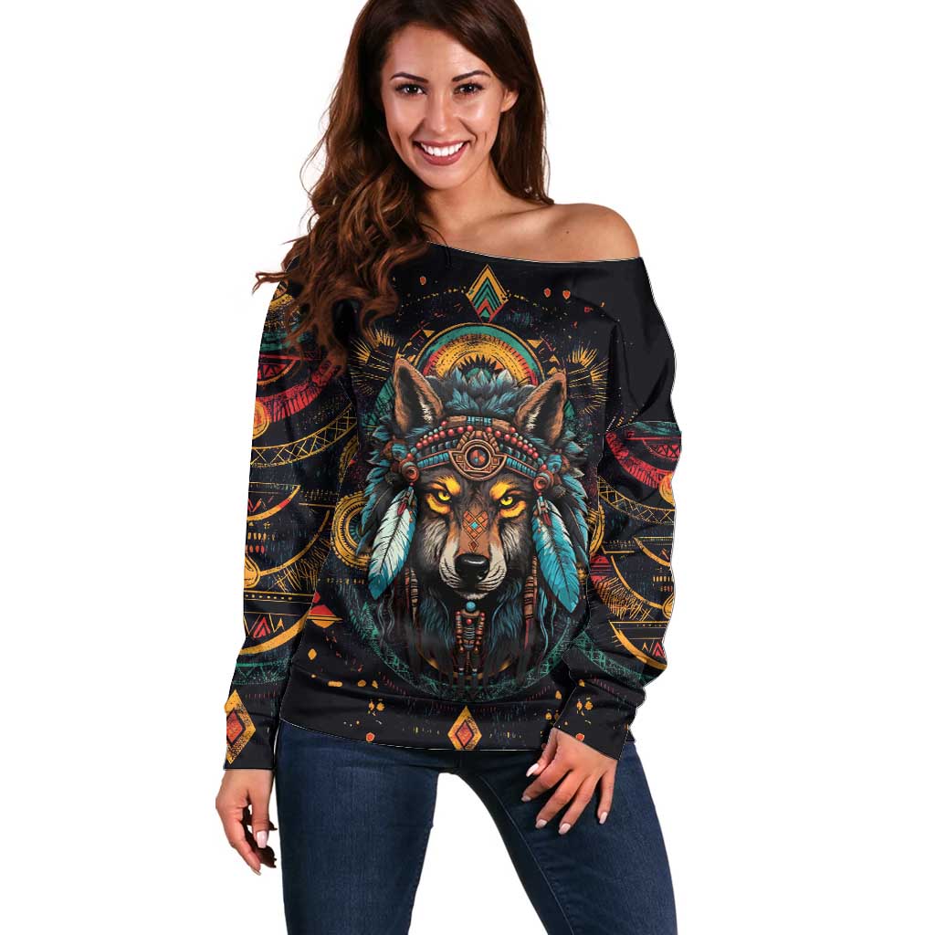 Native American Wolf Off Shoulder Sweater Abstract Geometric Style