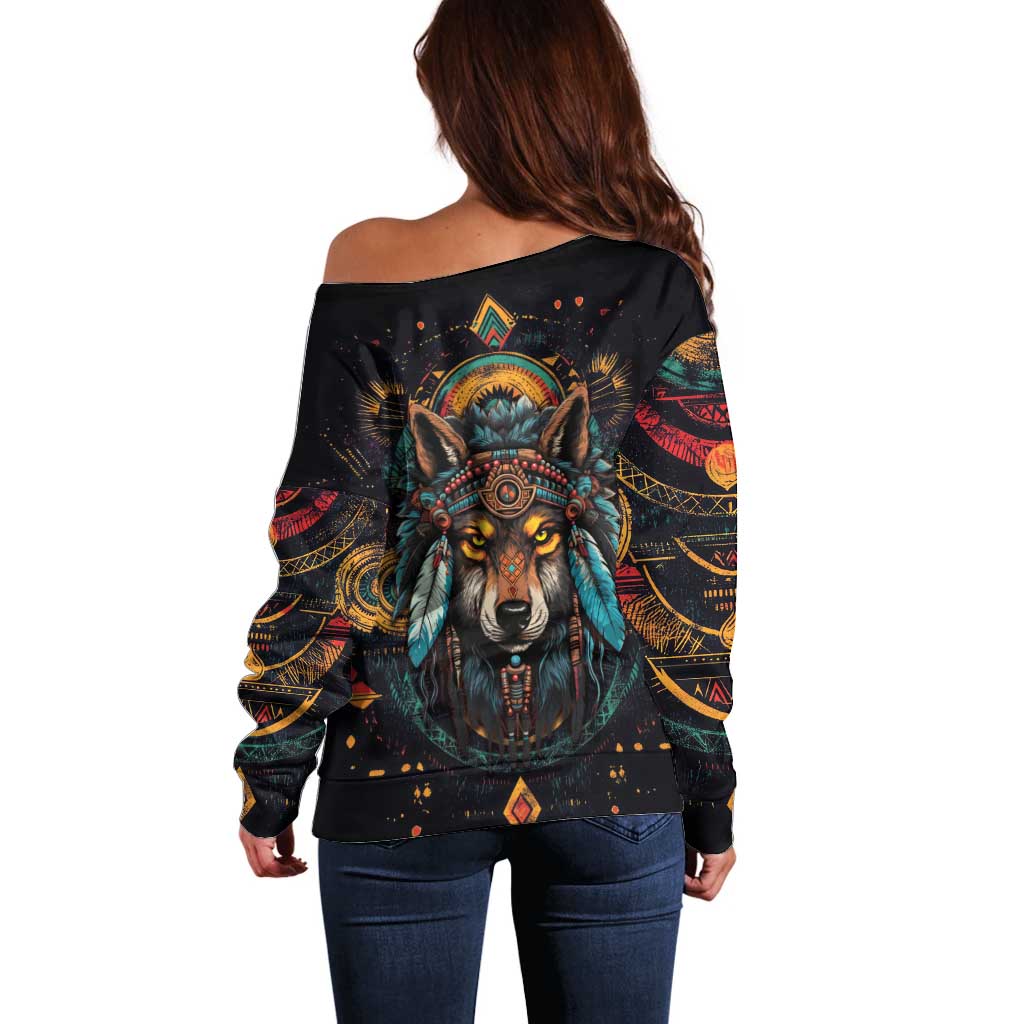 Native American Wolf Off Shoulder Sweater Abstract Geometric Style
