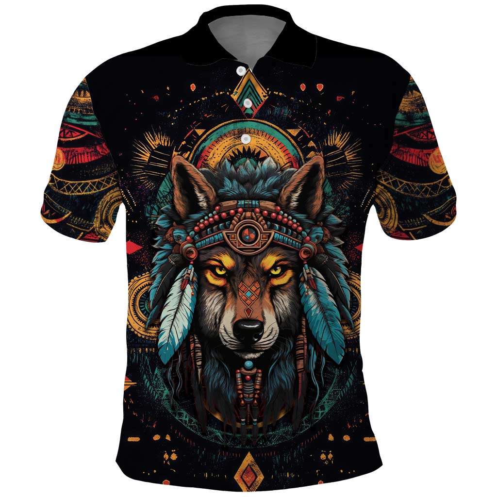 Native American Wolf Polo Shirt Abstract Geometric Style