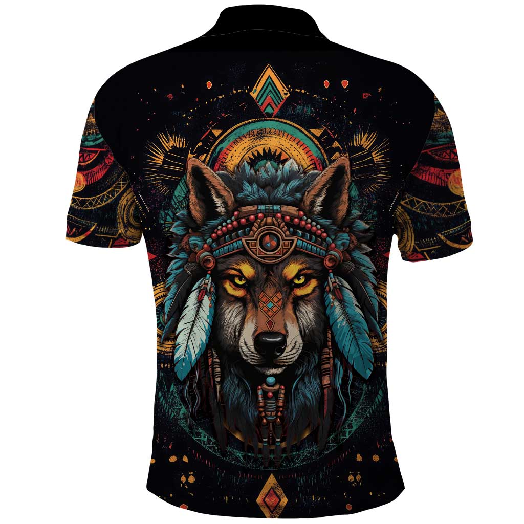 Native American Wolf Polo Shirt Abstract Geometric Style