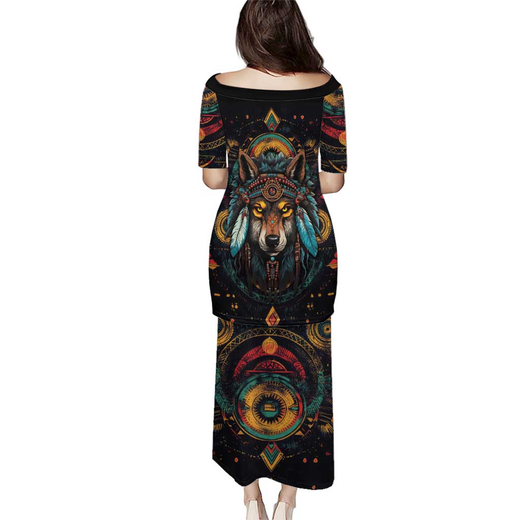 Native American Wolf Puletasi Abstract Geometric Style