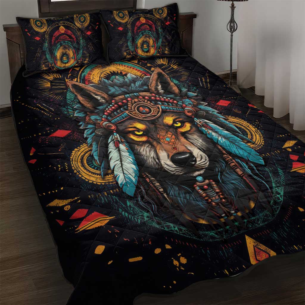 Native American Wolf Quilt Bed Set Abstract Geometric Style