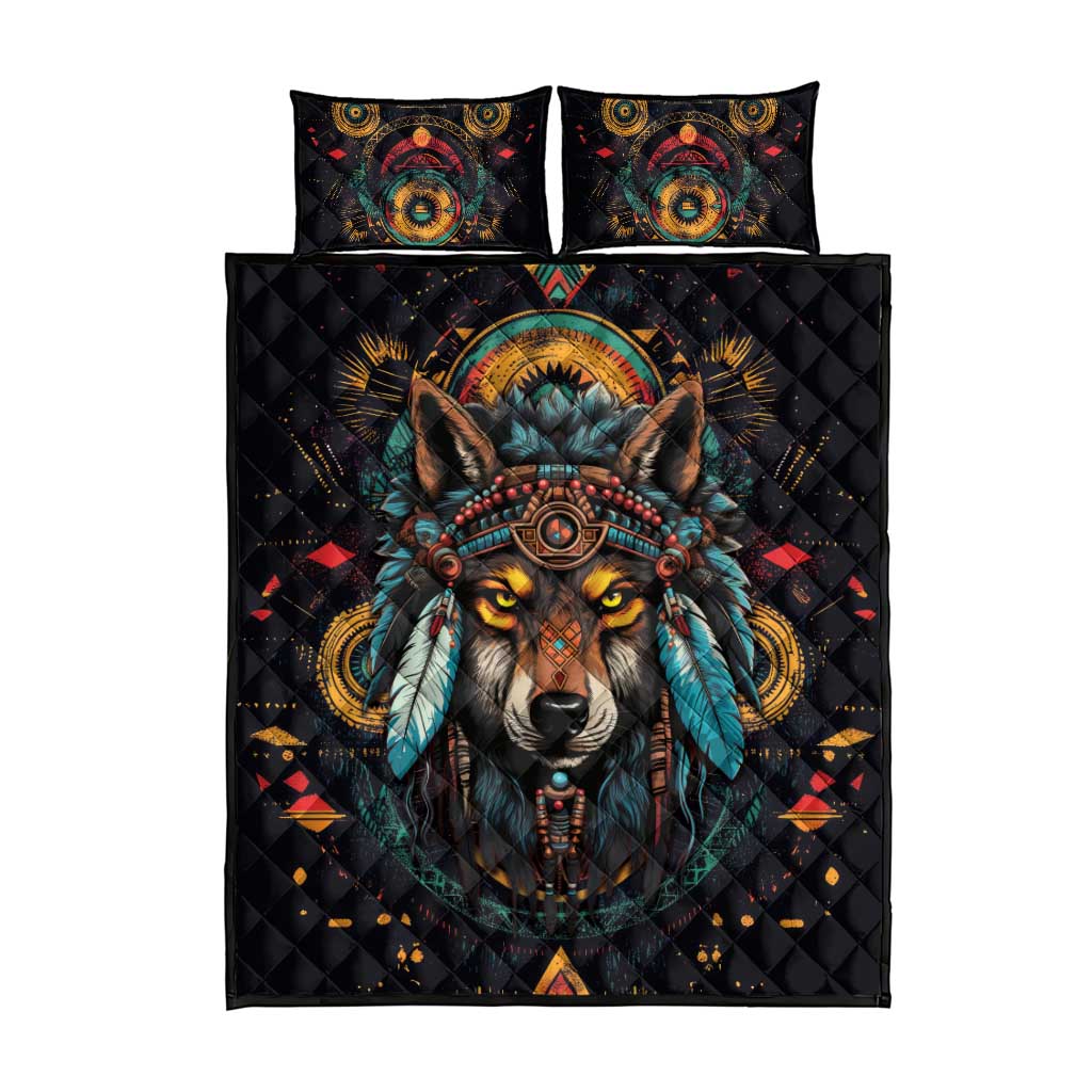 Native American Wolf Quilt Bed Set Abstract Geometric Style
