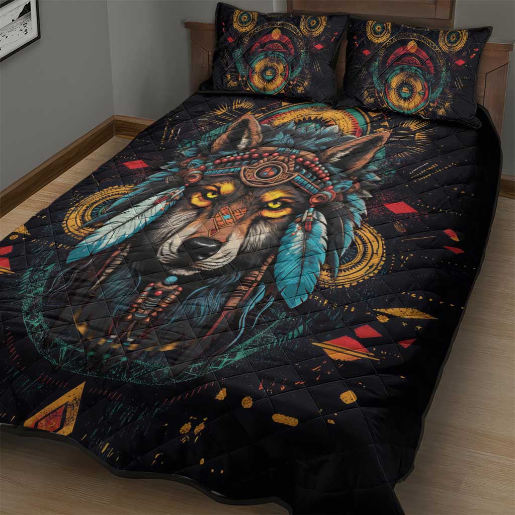 Native American Wolf Quilt Bed Set Abstract Geometric Style