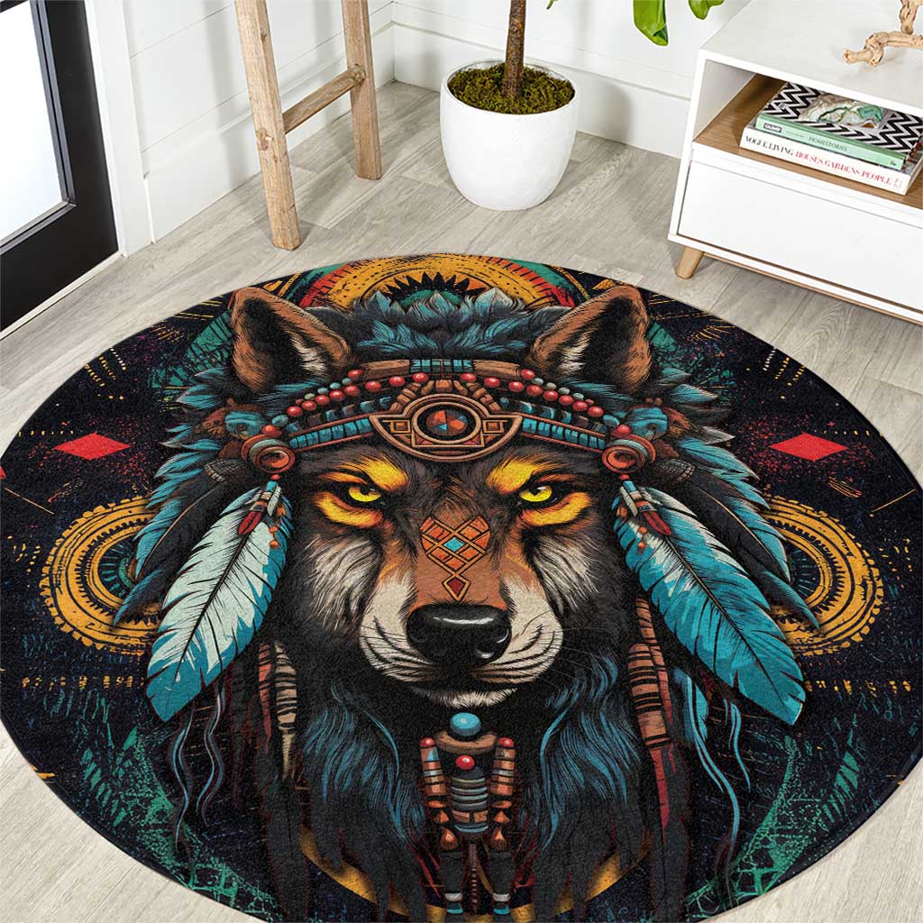 Native American Wolf Round Carpet Abstract Geometric Style