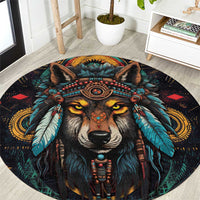 Native American Wolf Round Carpet Abstract Geometric Style