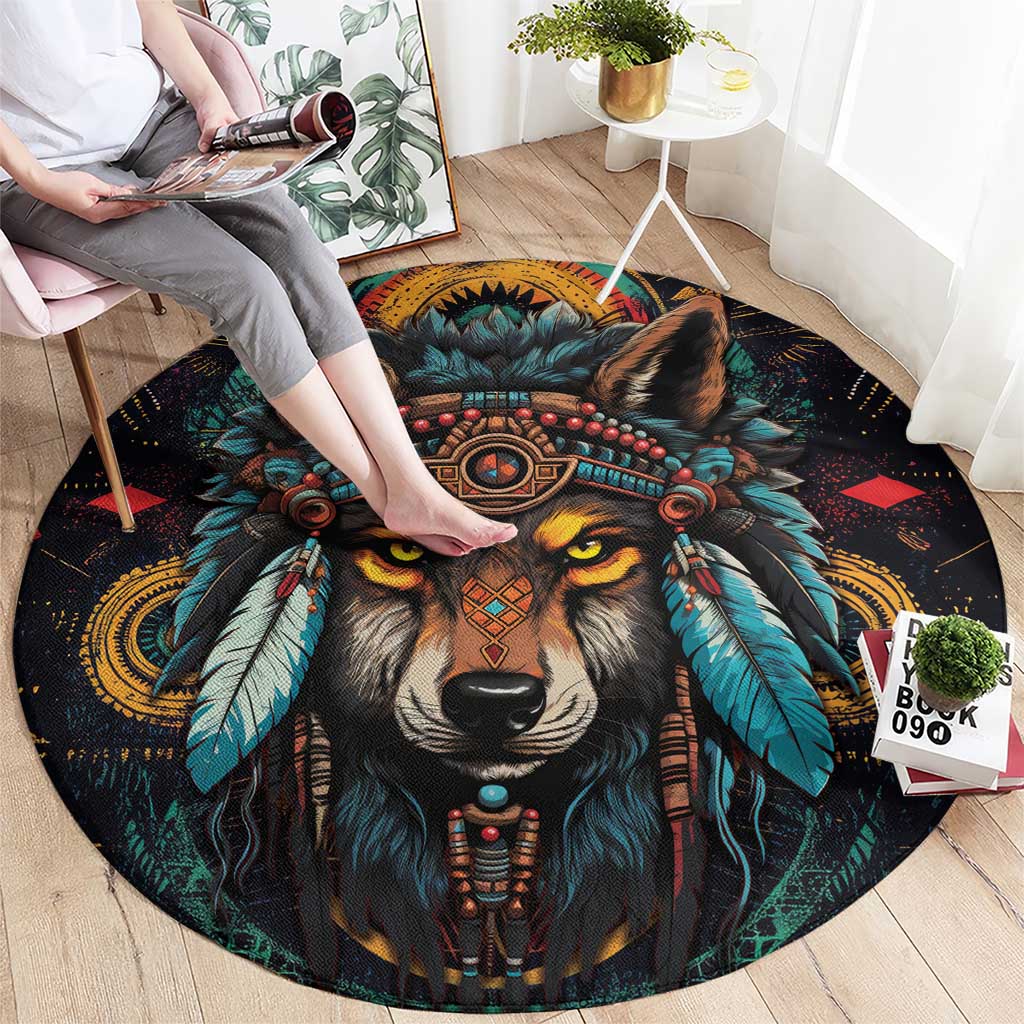 Native American Wolf Round Carpet Abstract Geometric Style