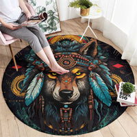 Native American Wolf Round Carpet Abstract Geometric Style