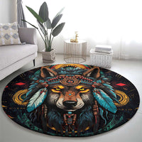 Native American Wolf Round Carpet Abstract Geometric Style