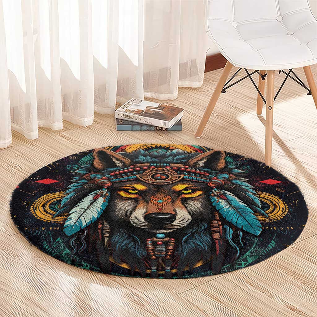 Native American Wolf Round Carpet Abstract Geometric Style