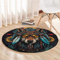 Native American Wolf Round Carpet Abstract Geometric Style