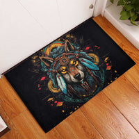 Native American Wolf Rubber Doormat Abstract Geometric Style