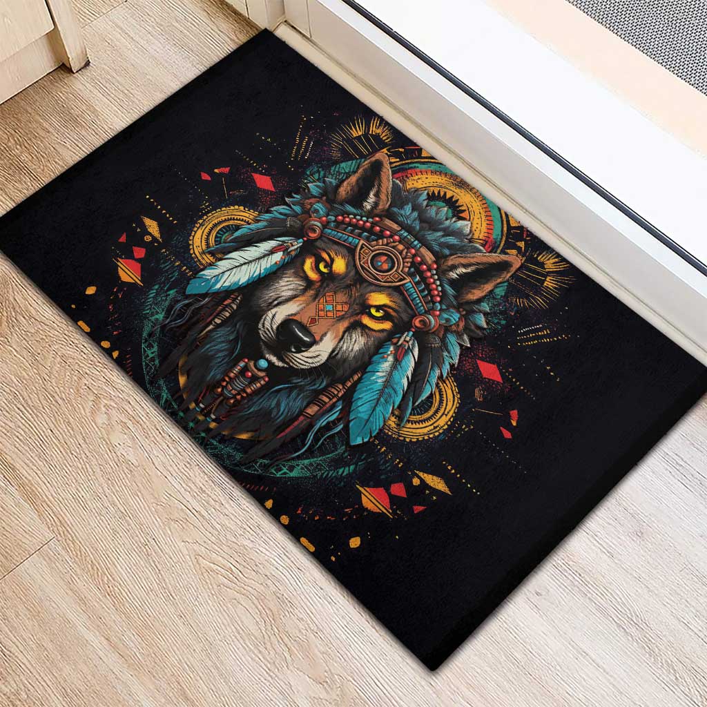 Native American Wolf Rubber Doormat Abstract Geometric Style