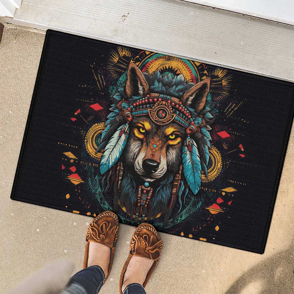 Native American Wolf Rubber Doormat Abstract Geometric Style