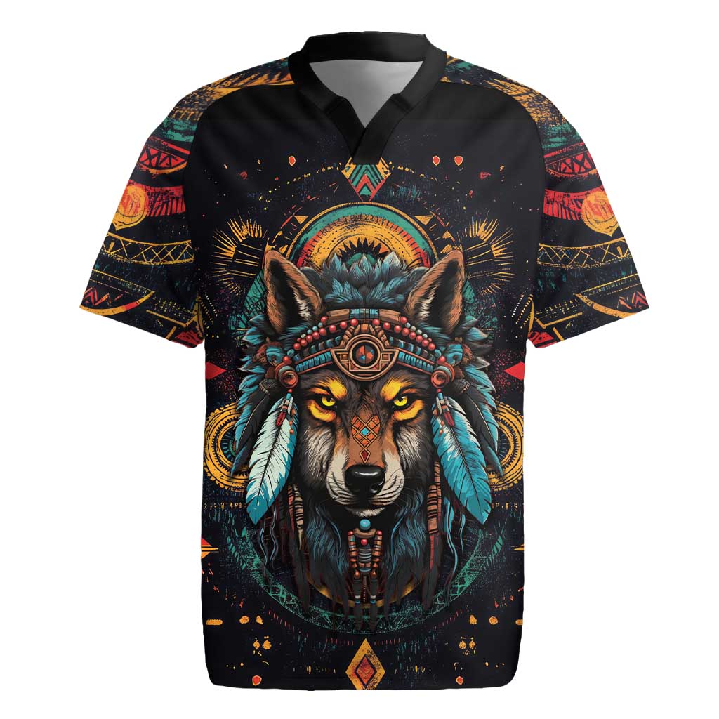 Native American Wolf Rugby Jersey Abstract Geometric Style