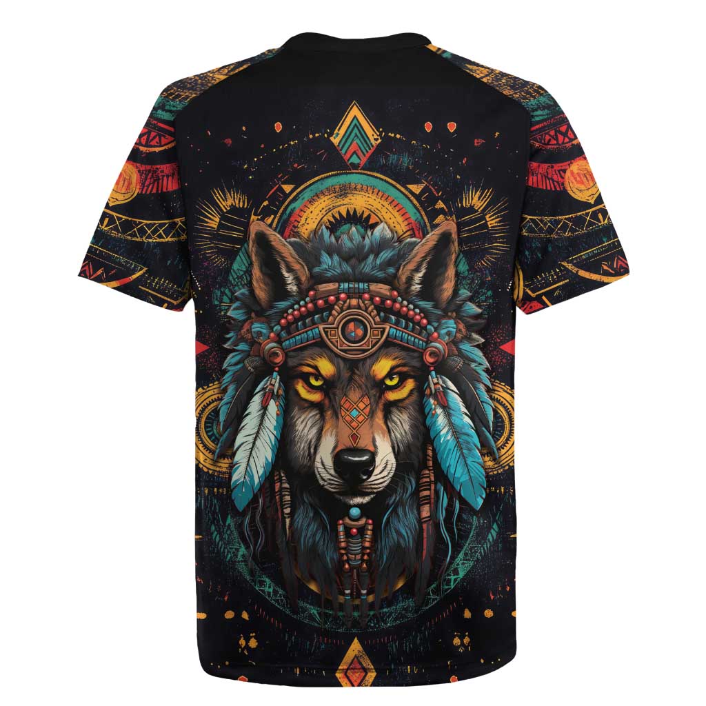 Native American Wolf Rugby Jersey Abstract Geometric Style