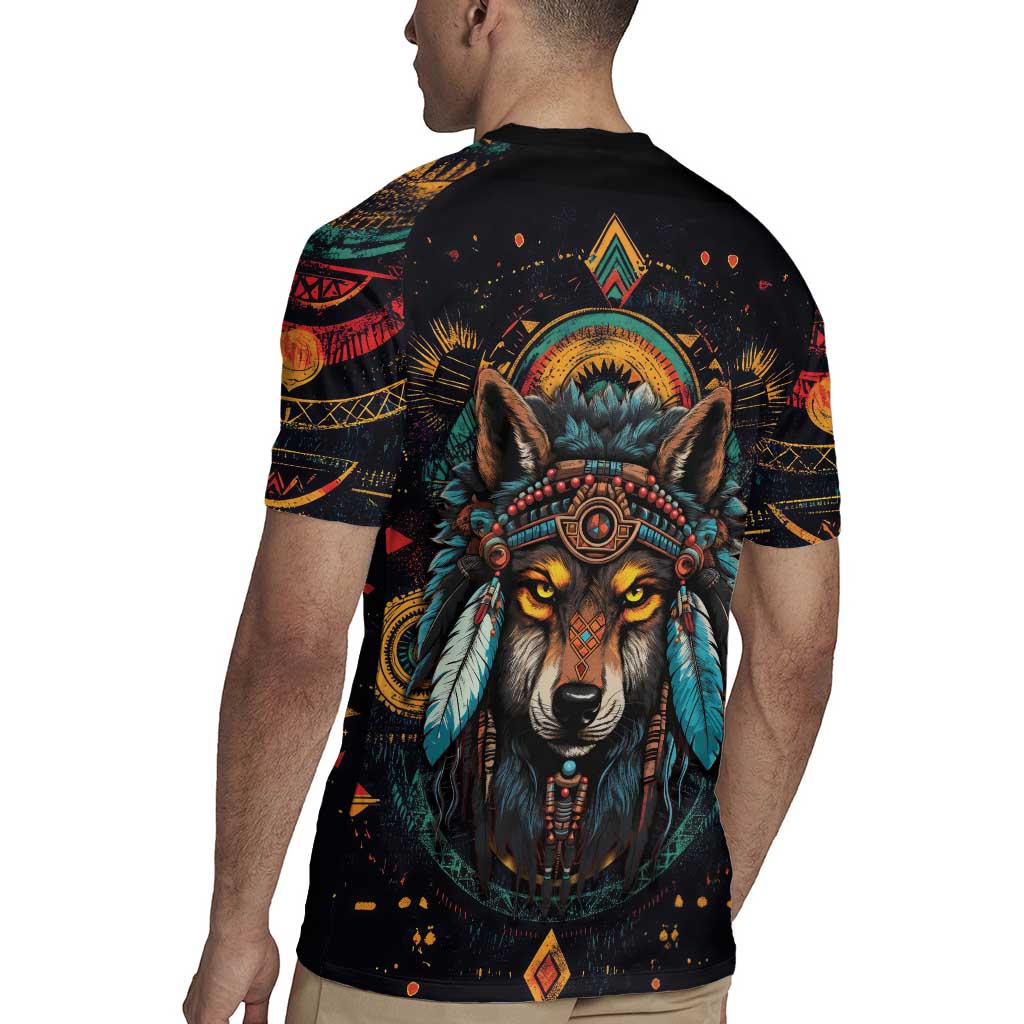 Native American Wolf Rugby Jersey Abstract Geometric Style