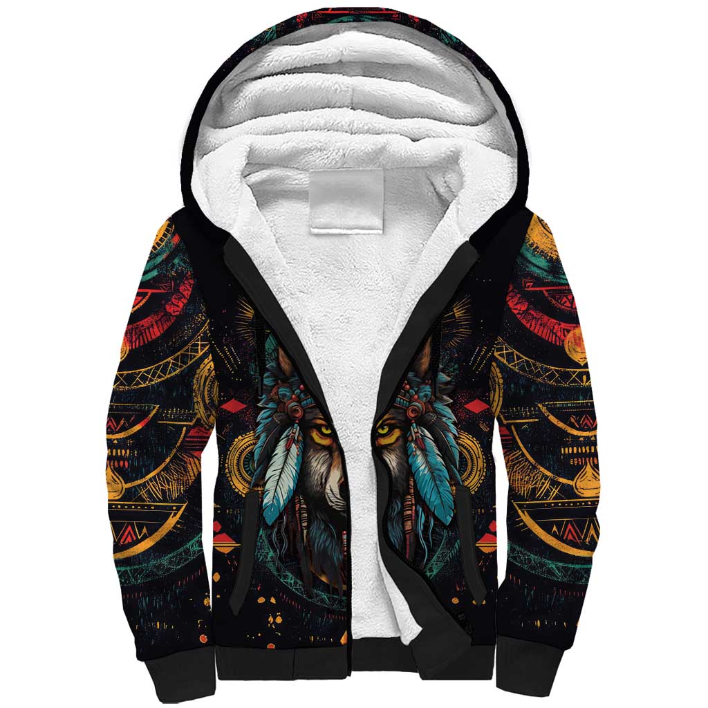 Native American Wolf Sherpa Hoodie Abstract Geometric Style