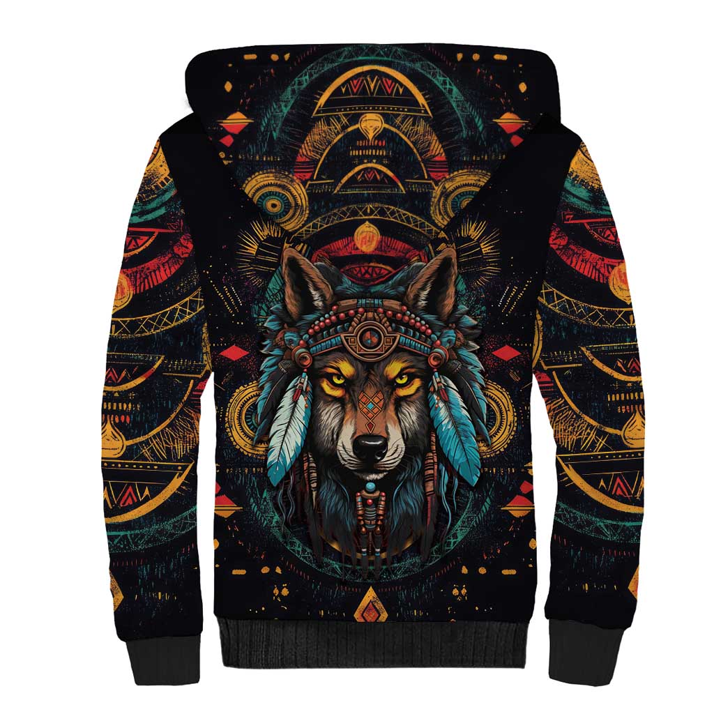 Native American Wolf Sherpa Hoodie Abstract Geometric Style