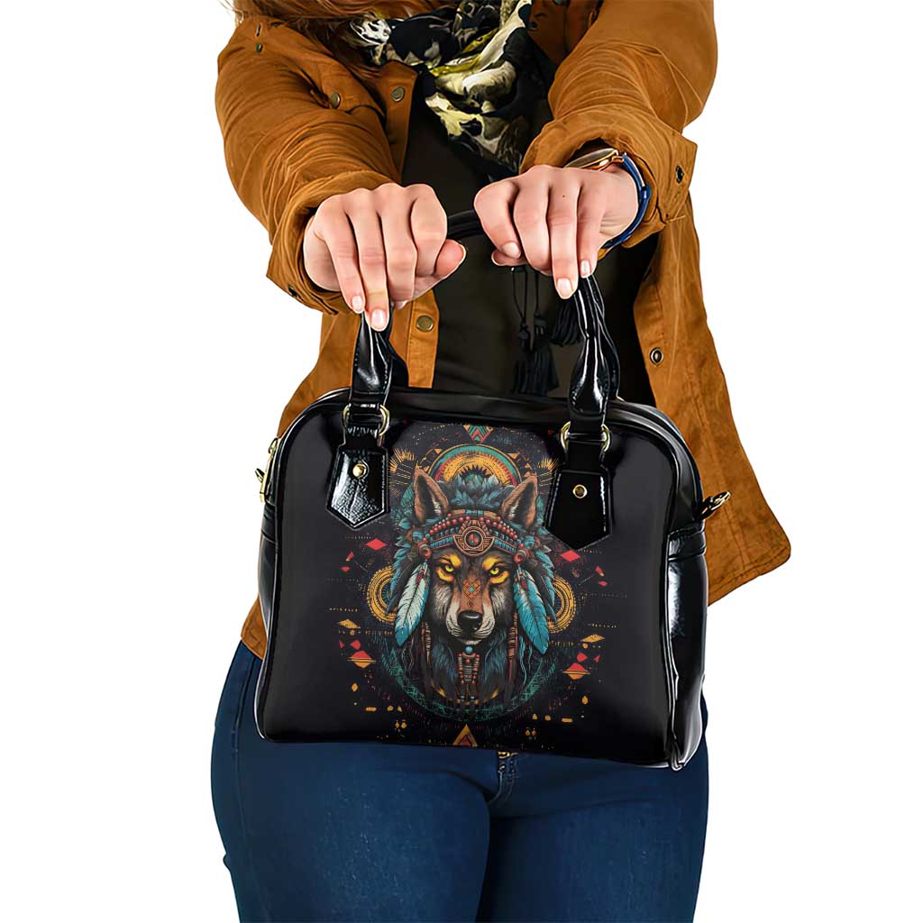 Native American Wolf Shoulder Handbag Abstract Geometric Style