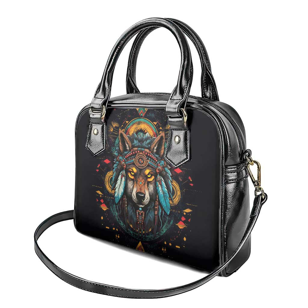 Native American Wolf Shoulder Handbag Abstract Geometric Style