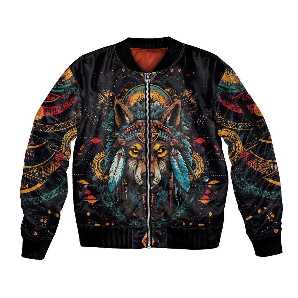 Native American Wolf Sleeve Zip Bomber Jacket Abstract Geometric Style