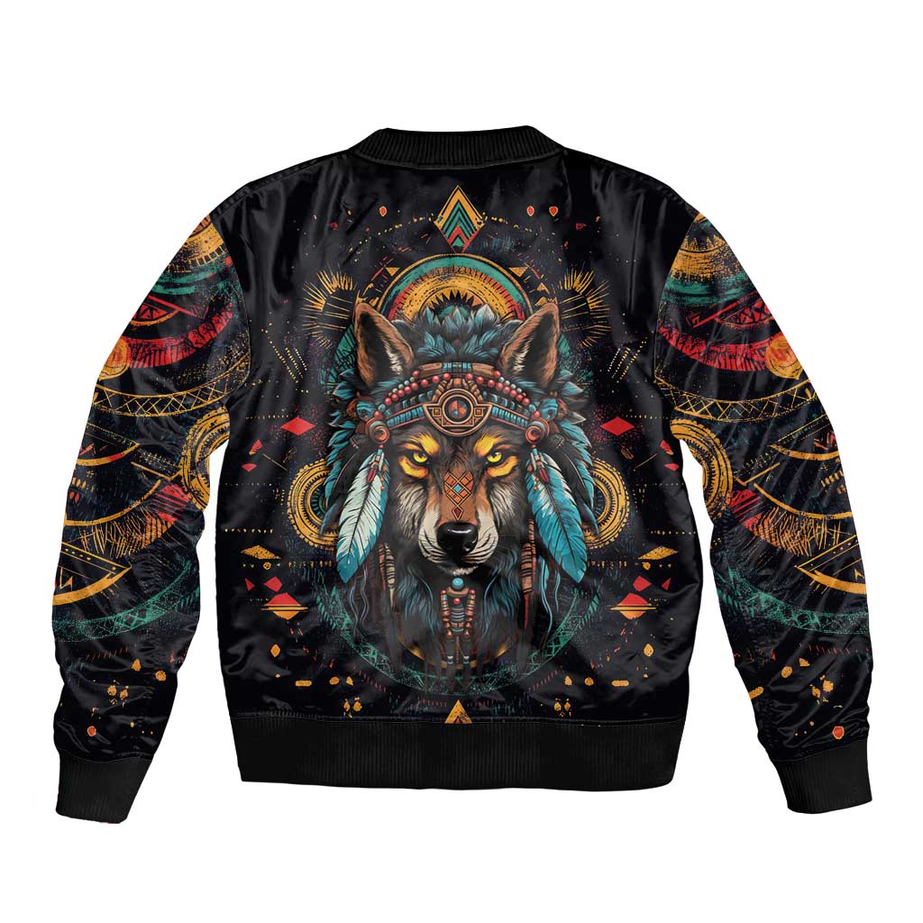 Native American Wolf Sleeve Zip Bomber Jacket Abstract Geometric Style