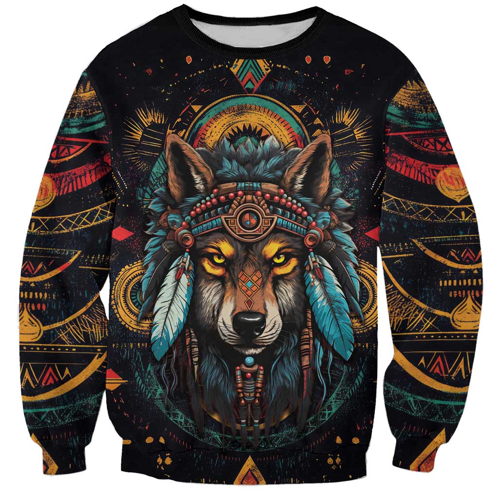 Native American Wolf Sweatshirt Abstract Geometric Style