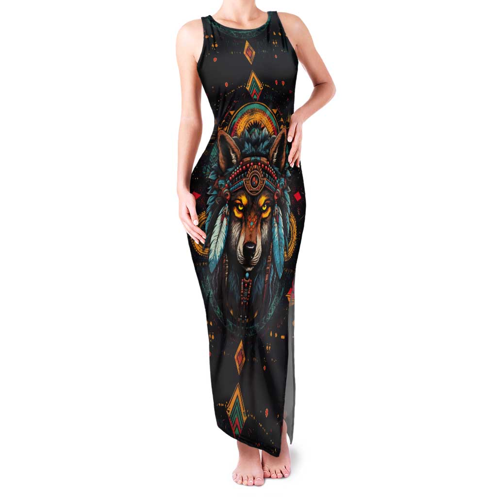 Native American Wolf Tank Maxi Dress Abstract Geometric Style