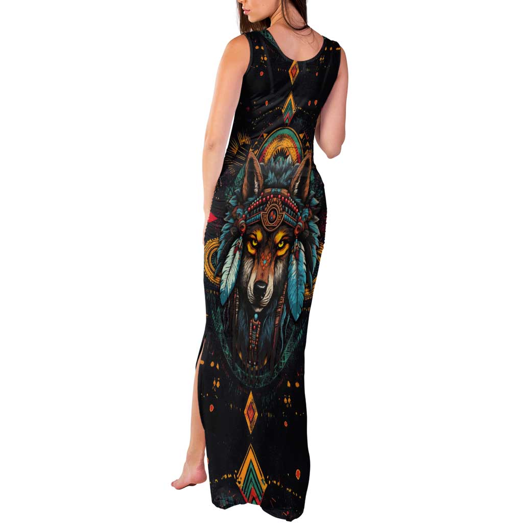 Native American Wolf Tank Maxi Dress Abstract Geometric Style