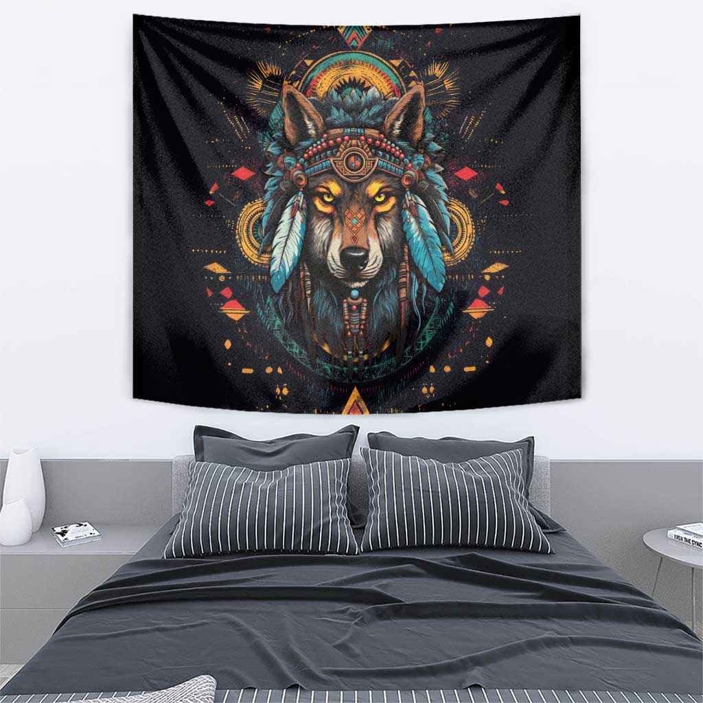 Native American Wolf Tapestry Abstract Geometric Style