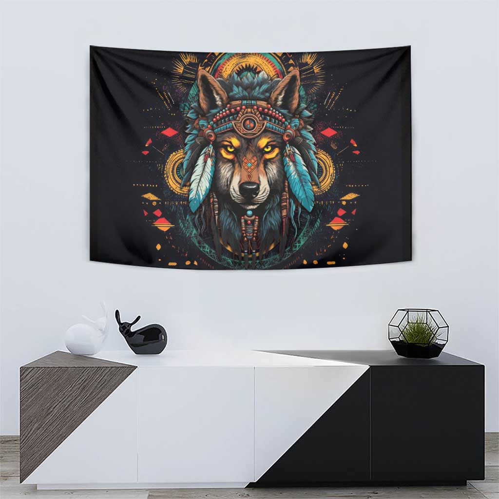 Native American Wolf Tapestry Abstract Geometric Style