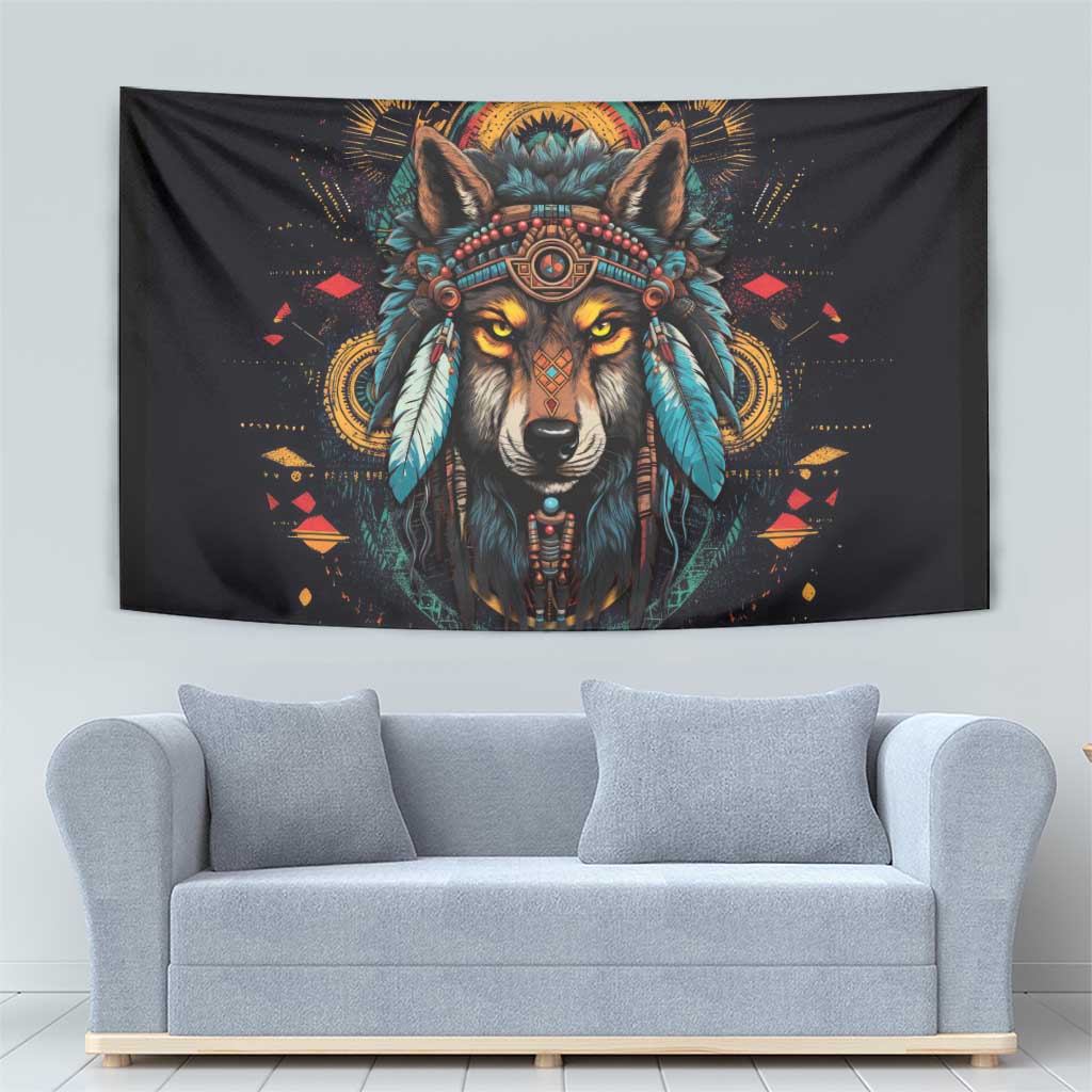 Native American Wolf Tapestry Abstract Geometric Style
