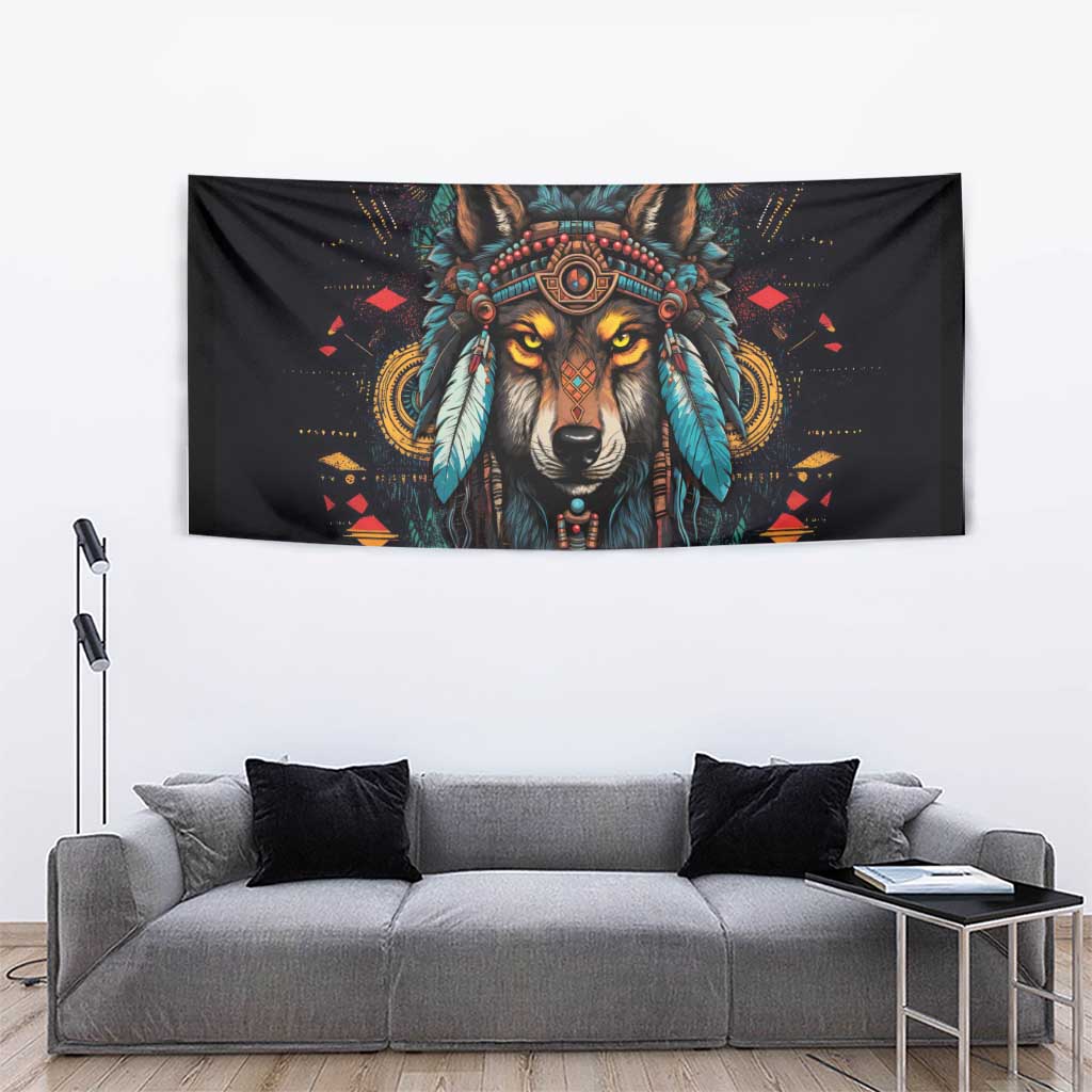 Native American Wolf Tapestry Abstract Geometric Style