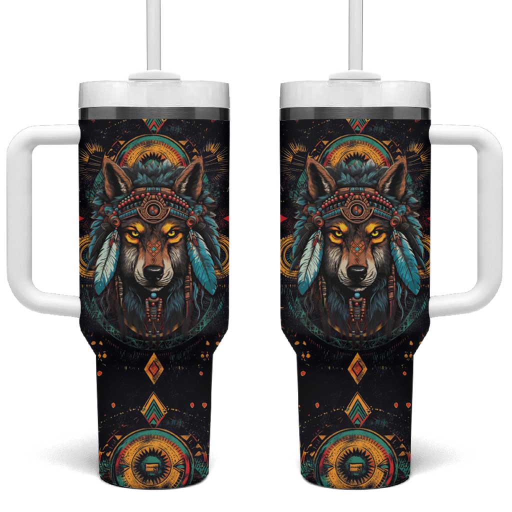 Native American Wolf Tumbler With Handle Abstract Geometric Style