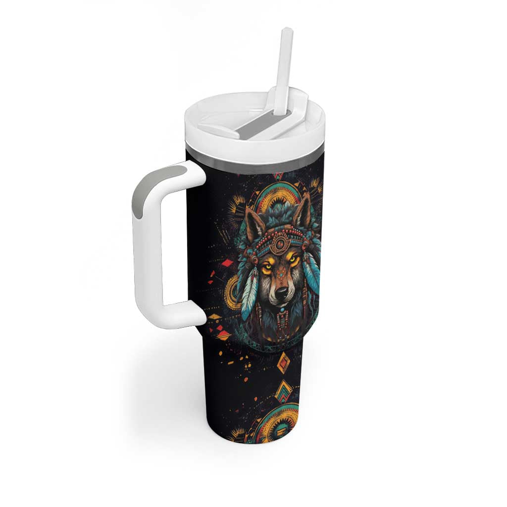 Native American Wolf Tumbler With Handle Abstract Geometric Style
