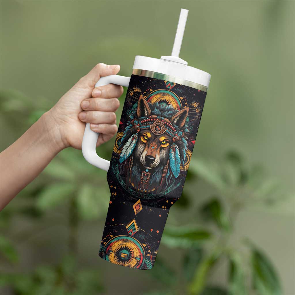 Native American Wolf Tumbler With Handle Abstract Geometric Style