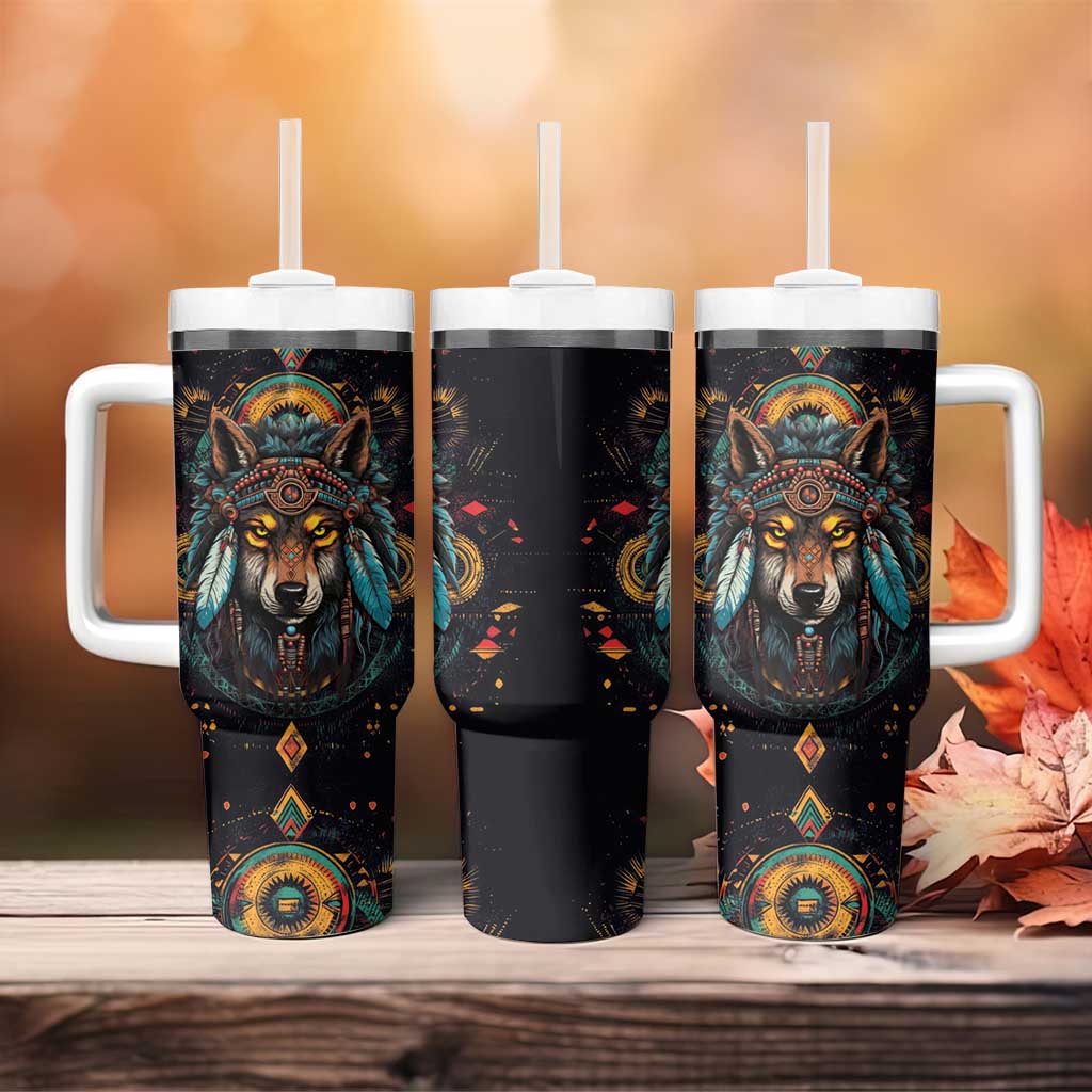 Native American Wolf Tumbler With Handle Abstract Geometric Style