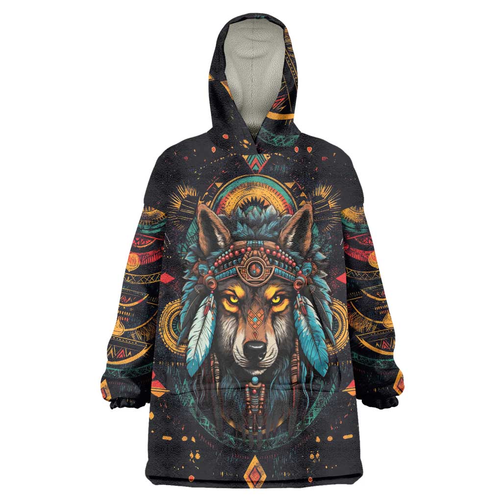 Native American Wolf Wearable Blanket Hoodie Abstract Geometric Style