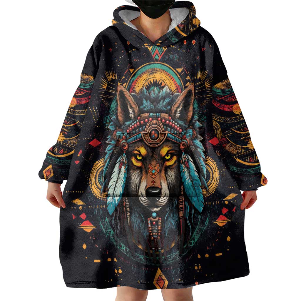 Native American Wolf Wearable Blanket Hoodie Abstract Geometric Style
