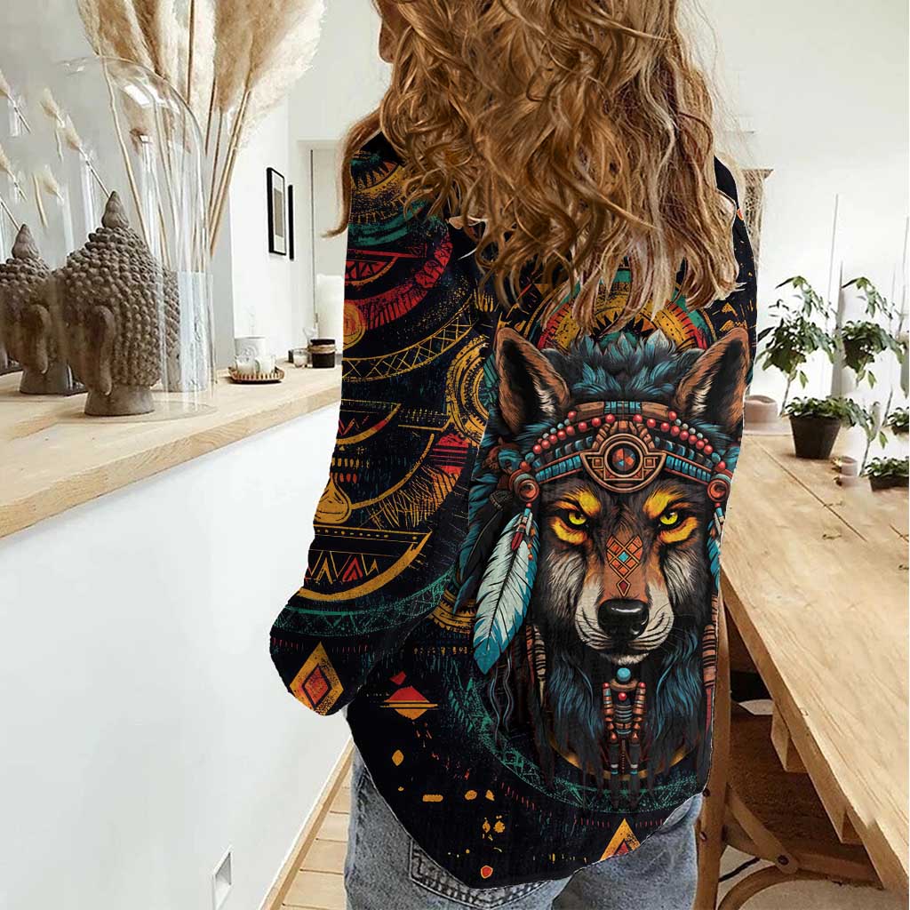 Native American Wolf Women Casual Shirt Abstract Geometric Style