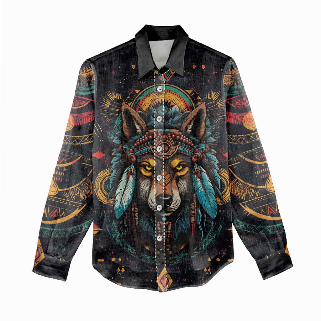 Native American Wolf Women Casual Shirt Abstract Geometric Style