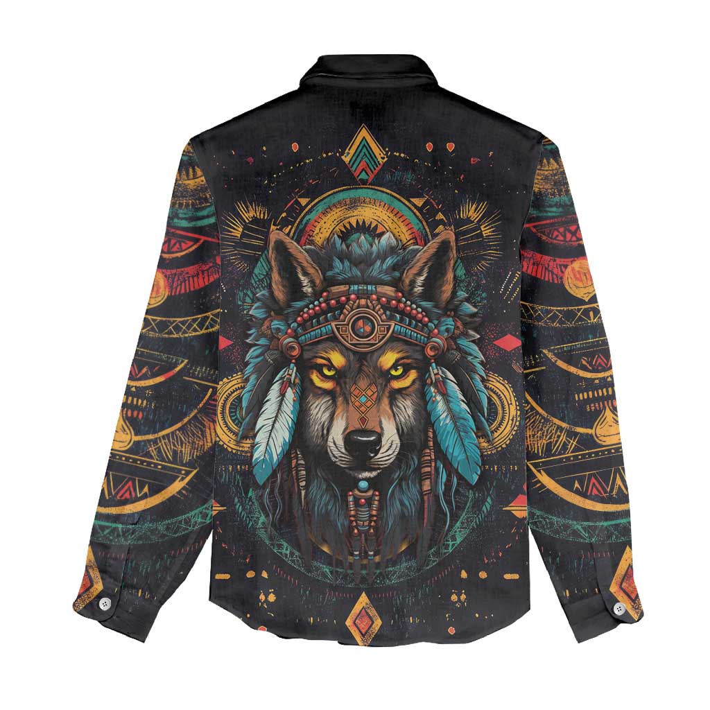 Native American Wolf Women Casual Shirt Abstract Geometric Style