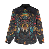 Native American Wolf Women Casual Shirt Abstract Geometric Style