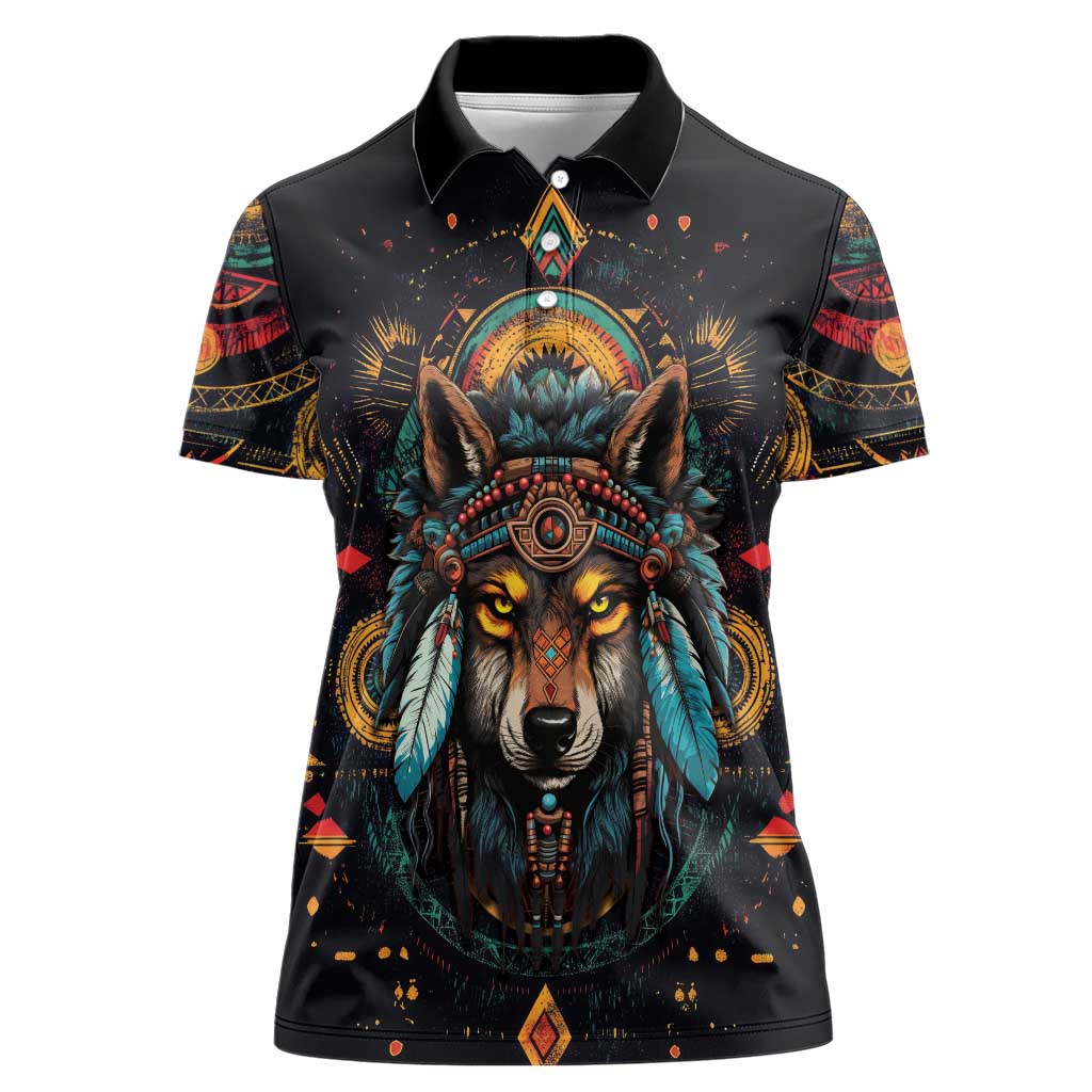 Native American Wolf Women Polo Shirt Abstract Geometric Style