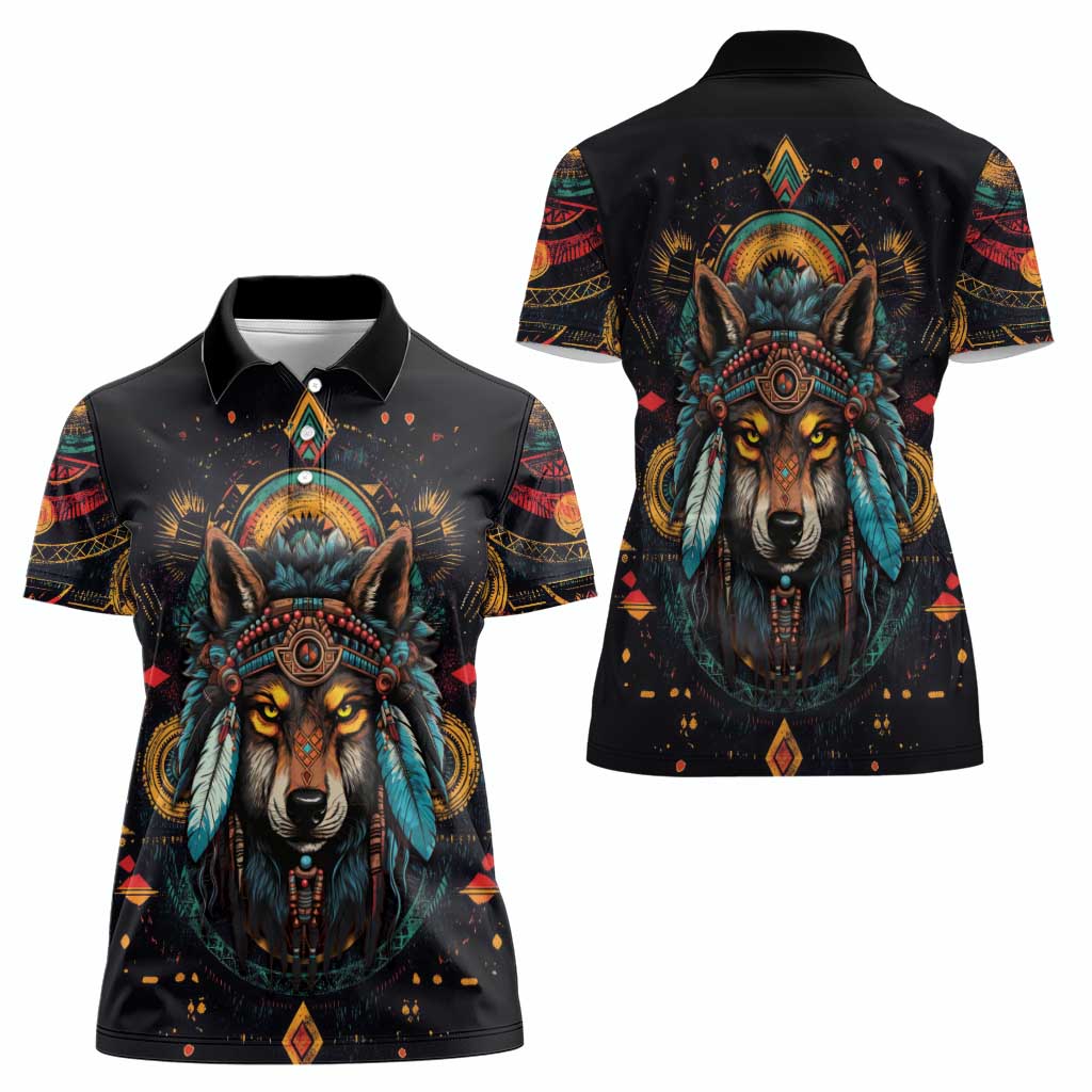 Native American Wolf Women Polo Shirt Abstract Geometric Style