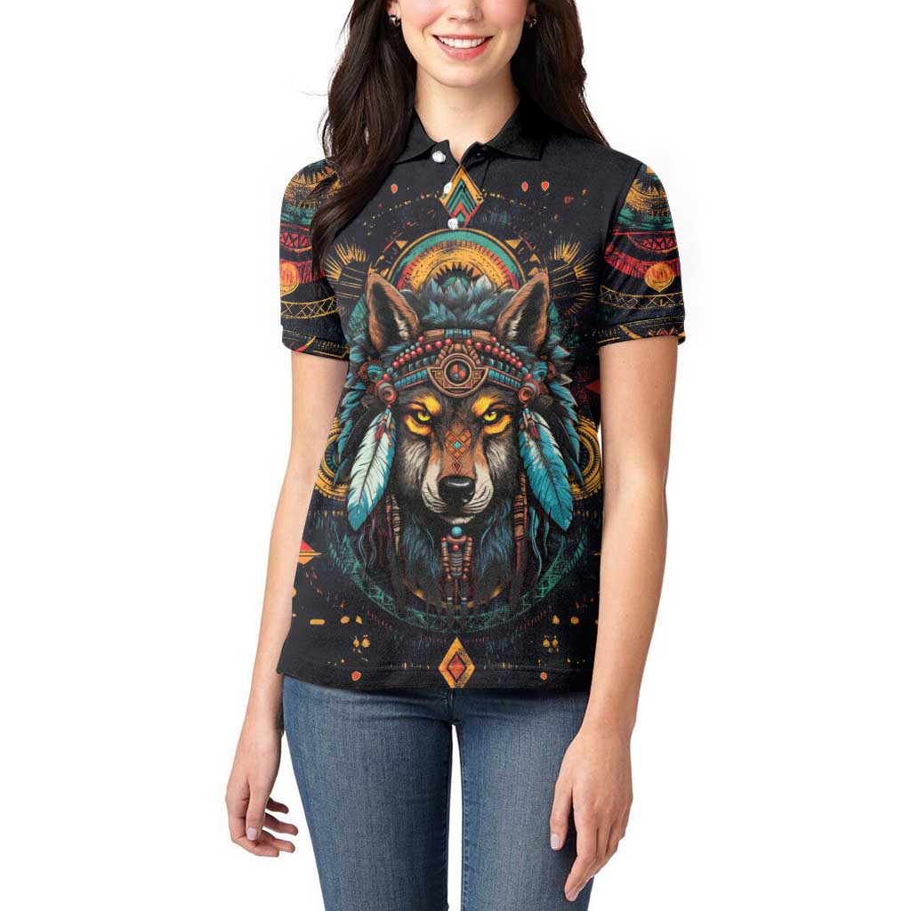 Native American Wolf Women Polo Shirt Abstract Geometric Style